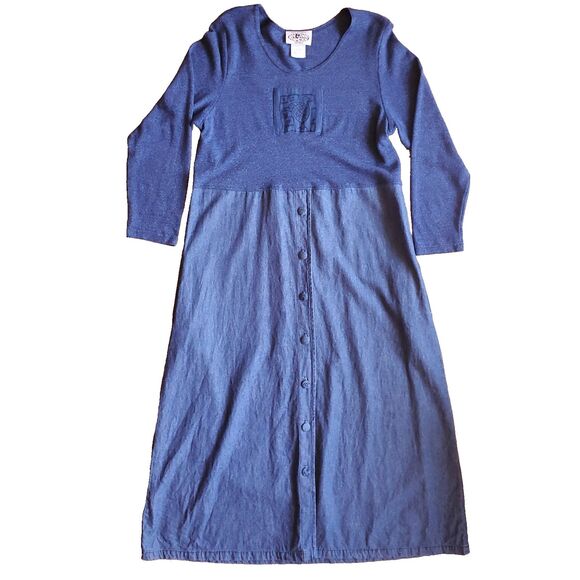 Vintage LS Maxi Dress Sz XL Blue Teacher Lagenlook 80s Bird Patch Knit & Woven - Picture 2 of 12